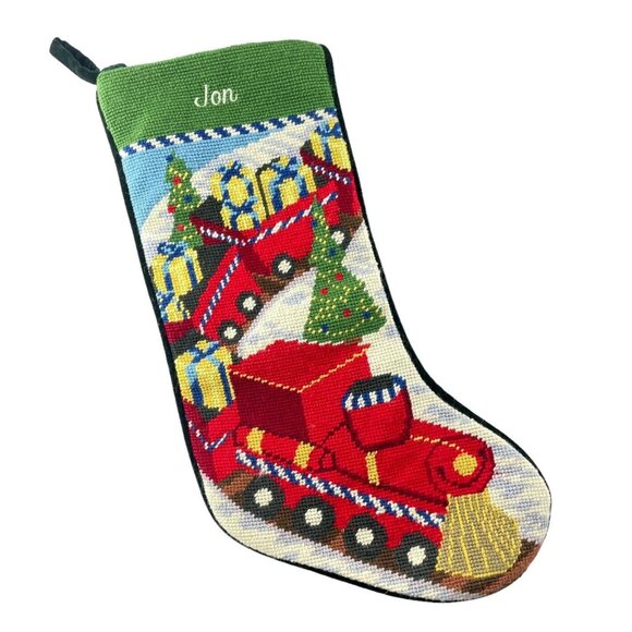 Lands End Needlepoint Christmas Stocking Red Train Monogrammed JON  20" Long - Picture 1 of 7